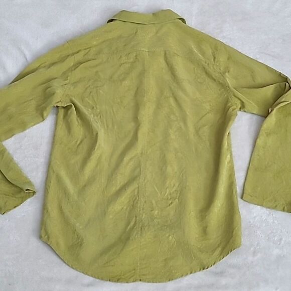 Chicos Design Women's Silk Collared Blouse Green Size 0 Roll Tab Sleeve Floral - Picture 10 of 12